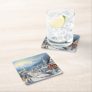 Vintage digital village on a Christmas day.  Square Paper Coaster