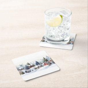 Vintage digital village on a Christmas day.  Square Paper Coaster