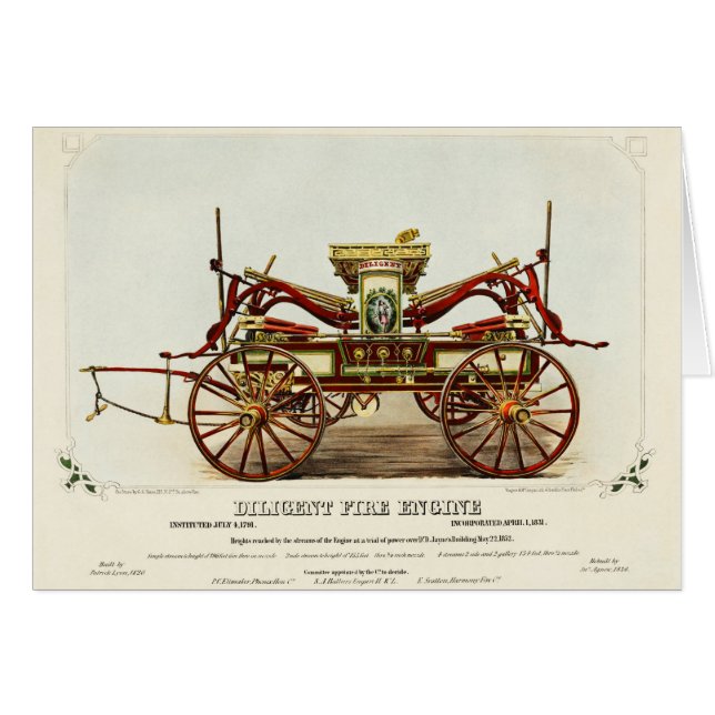 Vintage Diligent Fire Engine, 1852, Restored Card (Front Horizontal)