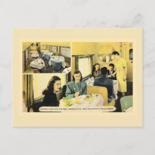Vintage dining car on streamliner train postcard