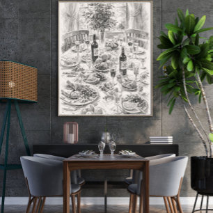 Vintage Dining Table Pencil Sketch, Classic Still  Poster