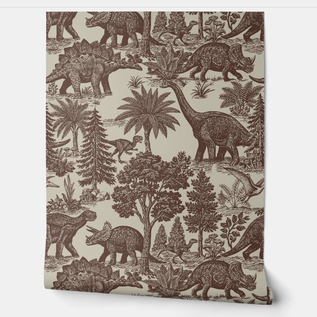 Vintage Dinosaur Toile Pattern Wallpaper (Unrolling)