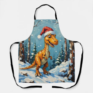 Vintage Dinosaur with Santa Hat Christmas Scene Apron