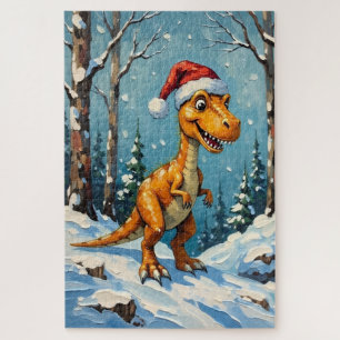 Vintage Dinosaur with Santa Hat Christmas Scene Jigsaw Puzzle