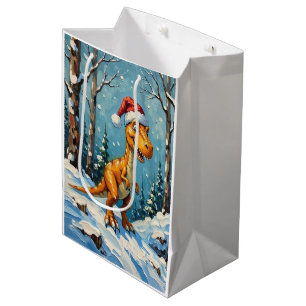 Vintage Dinosaur with Santa Hat Christmas Scene Medium Gift Bag