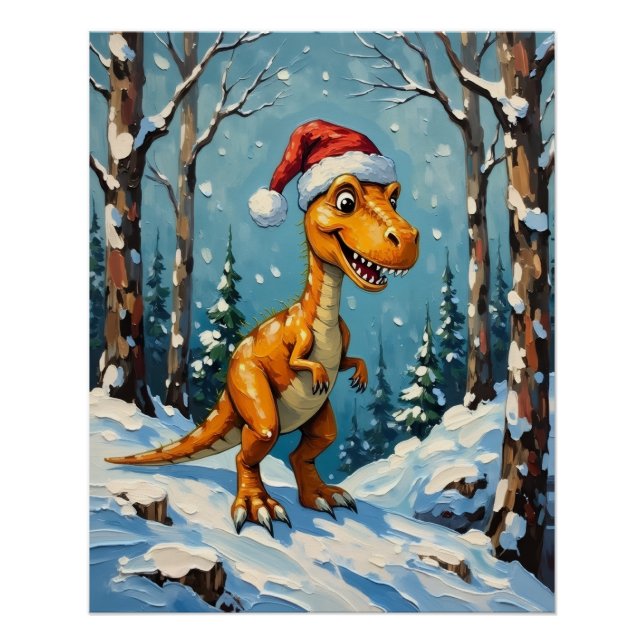 Vintage Dinosaur with Santa Hat Christmas Scene Poster (Front)