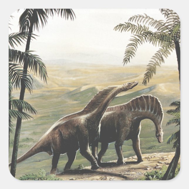 Vintage Dinosaurs, Amargasaurus with Palm Trees Square Sticker (Front)