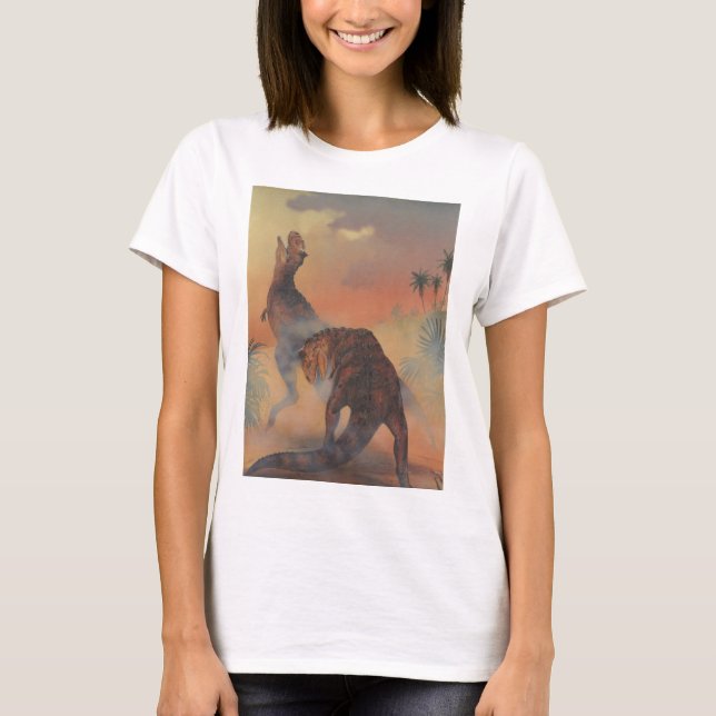 Vintage Dinosaurs, Carnotaurus Roaring in Jungle T-Shirt (Front)