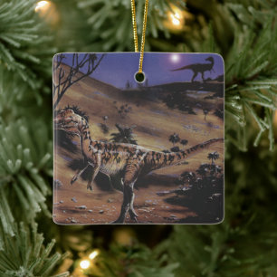 Vintage Dinosaurs, Dilophosaurus on a Starry Night Ceramic Ornament