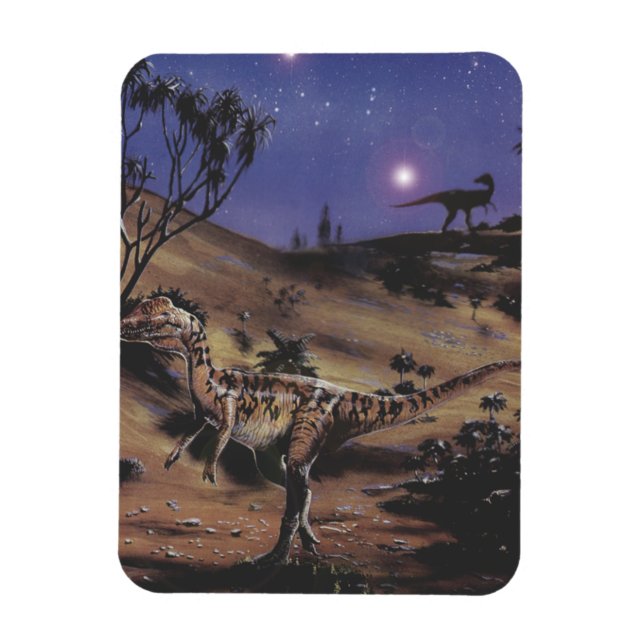Vintage Dinosaurs, Dilophosaurus on a Starry Night Magnet (Vertical)