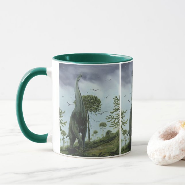 Vintage Dinosaurs, Sauroposeidon with Birds Flying Mug (With Donut)