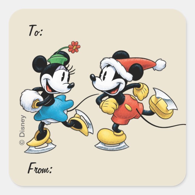 Vintage Disney | Mickey & Minnie Ice Skating Square Sticker (Front)