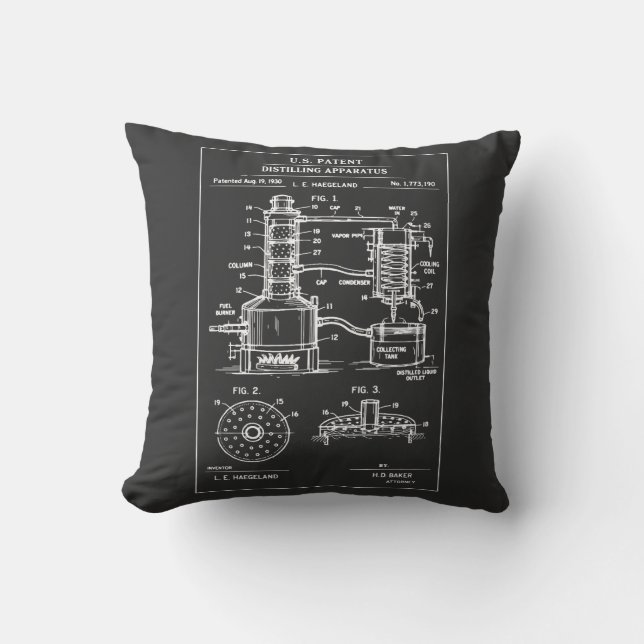Vintage Distillation Patent Blueprint Throw Pillow (Front)