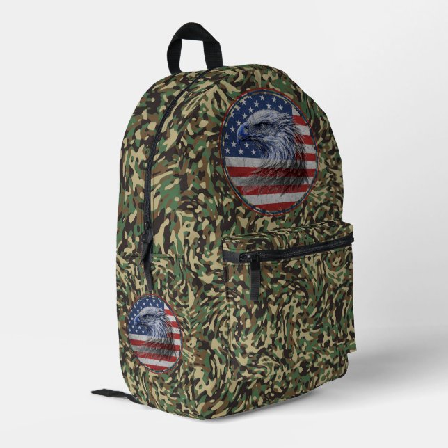 Vintage Distressed American Flag Eagle Camouflage  Printed Backpack (Back Corner Left)