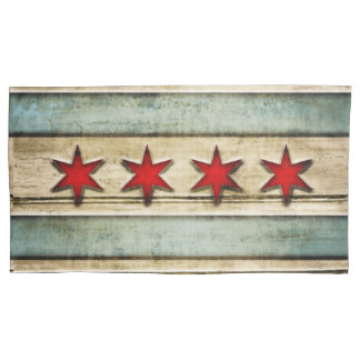 Vintage Distressed Chicago Flag Carved Wood Look Pillowcase