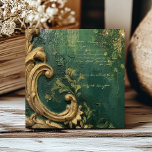 Vintage Distressed Emerald Green Gold Script Tile<br><div class="desc">A vintage-inspired design featuring distressed paint textures and faux bas relief foliage elements in dark emerald green and gold,  embellished with gold handwriting script. [NOTE: The surface of the tile is flat,  not raised; the effects are part of a flat printed image.]</div>