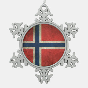 Vintage Distressed Flag of Norway Snowflake Pewter Christmas Ornament