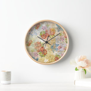 Vintage Distressed Flower Pattern Clock