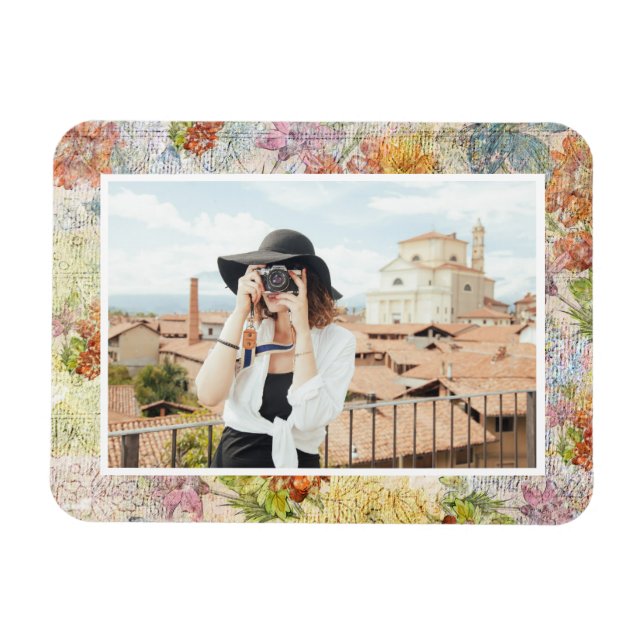 Vintage Distressed Flower Pattern Custom Photo Magnet (Horizontal)