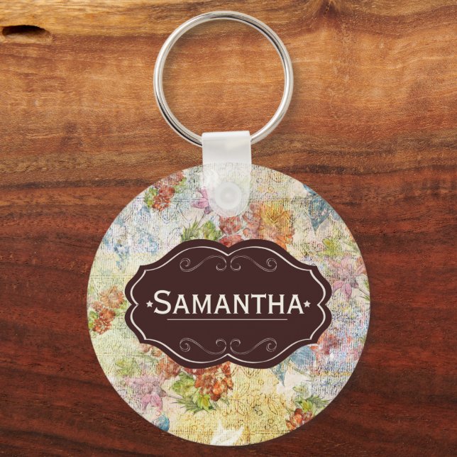 Vintage Distressed Flower Pattern Personalised Keychain (Front)