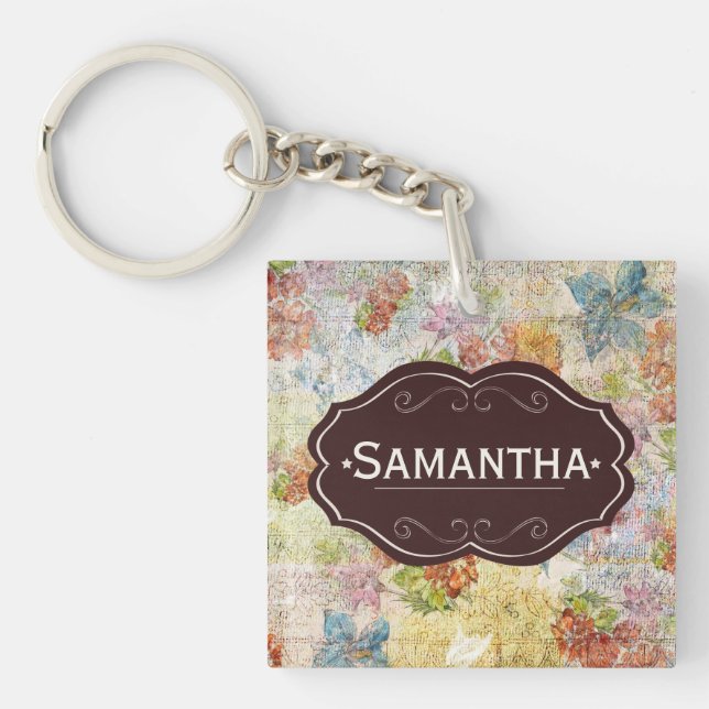 Vintage Distressed Flower Pattern Personalised Keychain (Front)