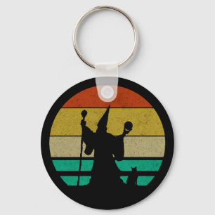 Vintage Distressed Retro 70s Wizard and Cat Keychain