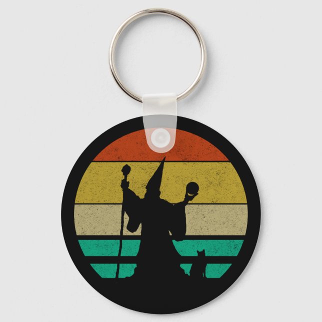 Vintage Distressed Retro 70s Wizard and Cat Keychain (Front)