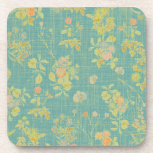 Vintage Distressed Spring Floral Teal Pattern Coaster