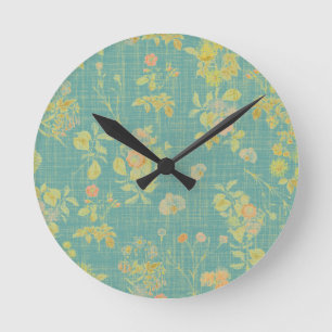 Vintage Distressed Teal Spring Floral Pattern Round Clock