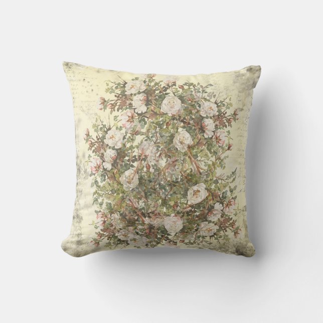 Vintage Distressed White Boho Rose Throw Pillow (Front)