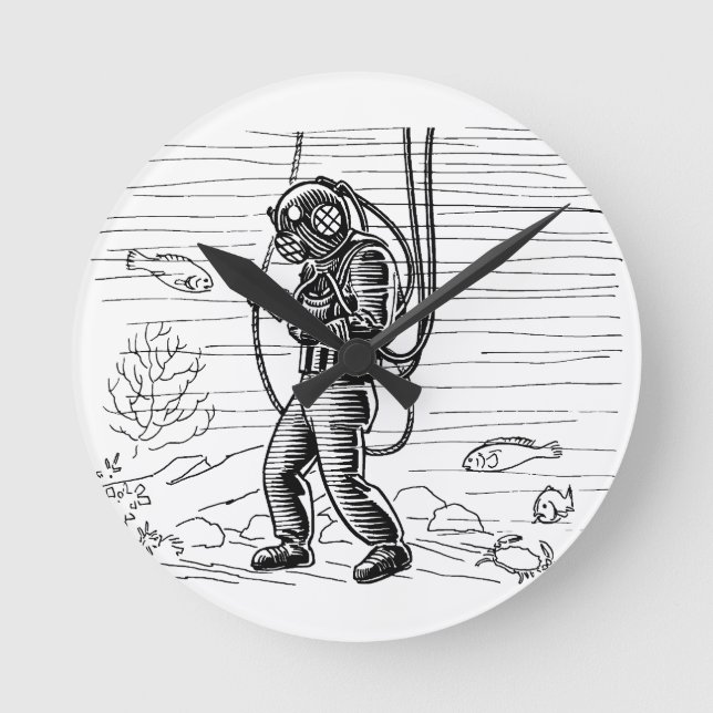 Vintage Diver - ocean diving suit Round Clock (Front)