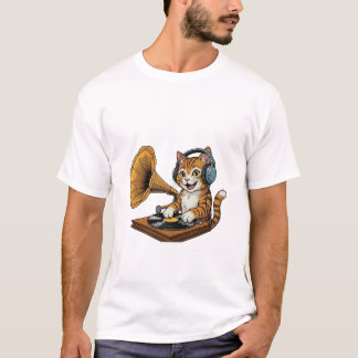 Vintage DJ Cat with Gramophone Turntable T-Shirt