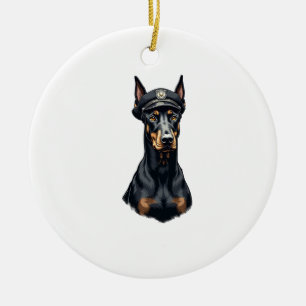 Vintage Doberman Police Dog Portrait Black and Whi Ceramic Ornament