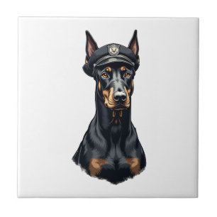 Vintage Doberman Police Dog Portrait Black and Whi Tile