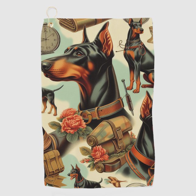 Vintage Doberman Seamless Painting Golf Towel (Front)