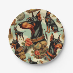 Vintage Doberman Seamless Painting Paper Plate