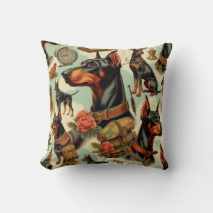 Vintage Doberman Seamless Painting Throw Pillow