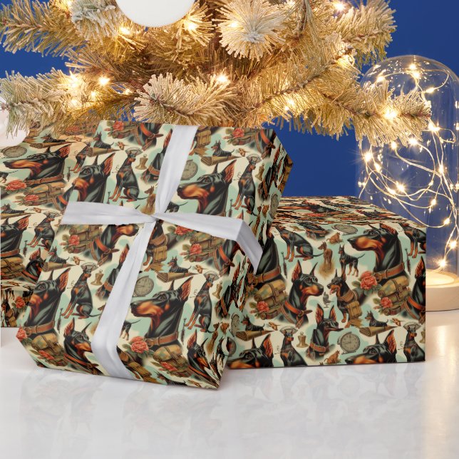 Vintage Doberman Seamless Painting Wrapping Paper (Holidays)