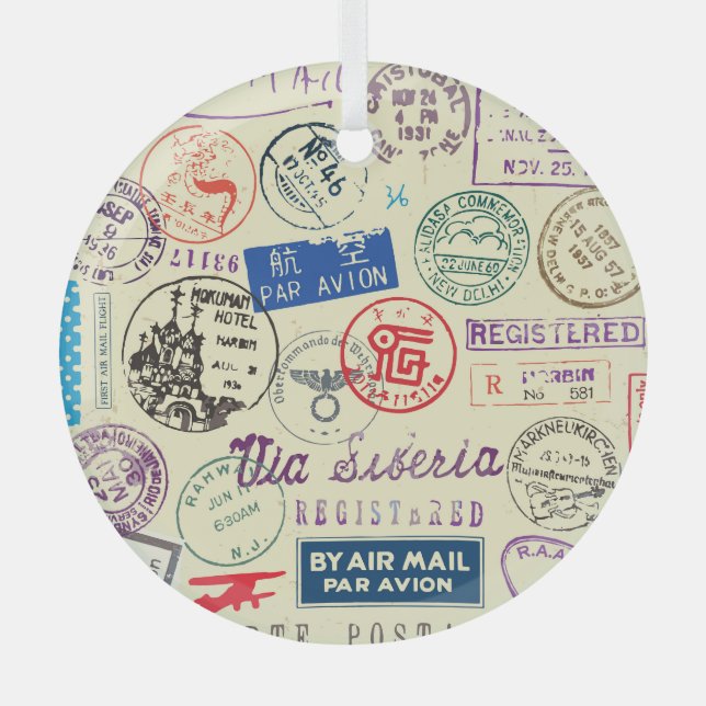 Vintage Document: Stamp Set Collection. Glass Ornament (Front)