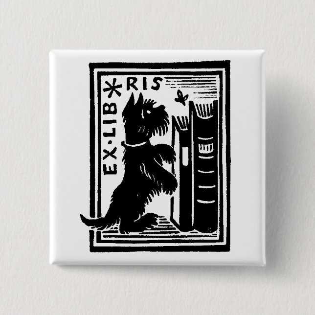 Vintage Dog Book Library 2 Inch Square Button (Front)