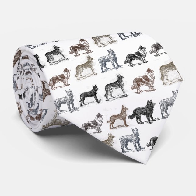 Vintage Dog Drawings Black White Colour Tone Tie (Rolled)