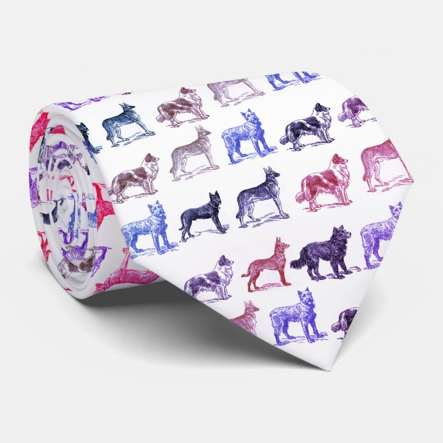 Vintage Dog Drawings Purple Blue Pink Tie (Rolled)