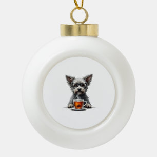 Vintage Dog Holding Tea with Glasses Retro Pet Ill Ceramic Ball Christmas Ornament
