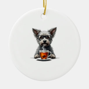 Vintage Dog Holding Tea with Glasses Retro Pet Ill Ceramic Ornament
