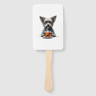 Vintage Dog Holding Tea with Glasses Retro Pet Ill Hand Fan
