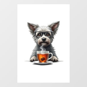 Vintage Dog Holding Tea with Glasses Retro Pet Ill Window Cling