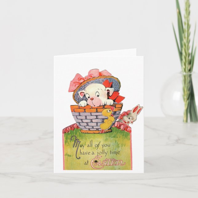 Vintage Dog in Basket Easter Card (Front)