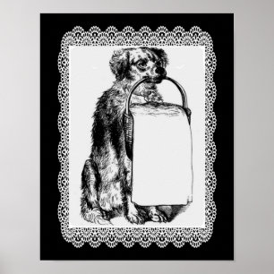 Vintage Dog With Basket Pencil Art  Poster