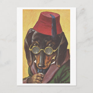 Vintage Dog with Fez and Glasses Postcard