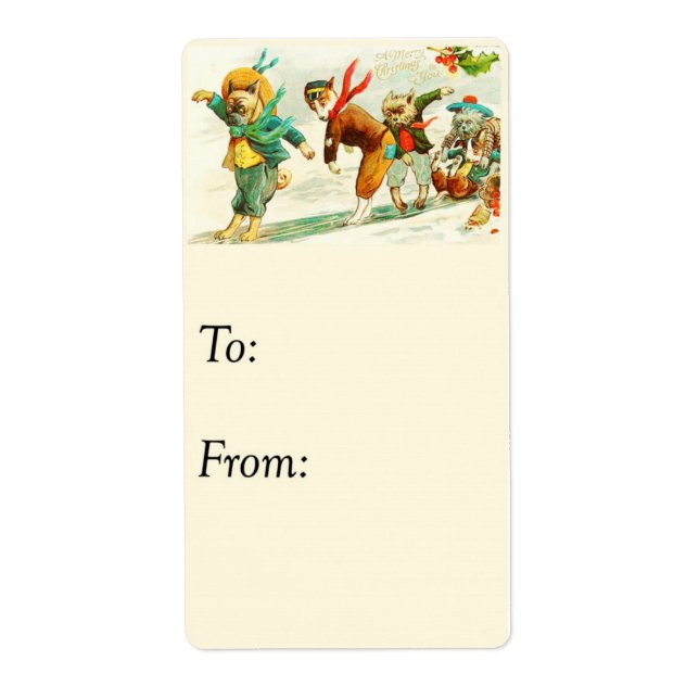 Vintage Dogs Sliding on Ice Gift Tag (Front)